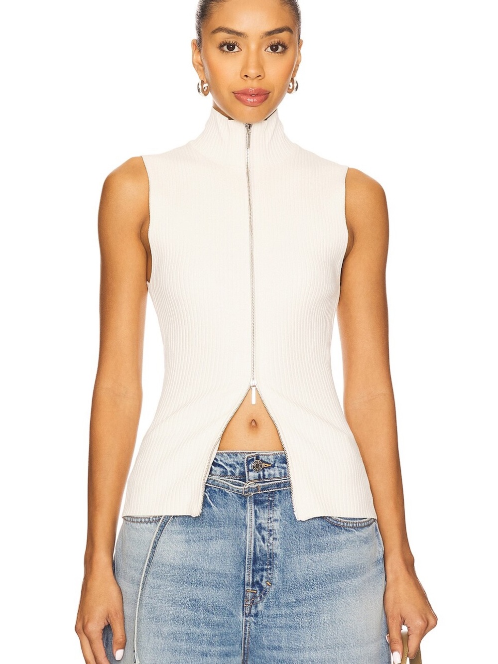 Eaves Carolyn Knit Sleeveless Zip-Front Vest in Ivory